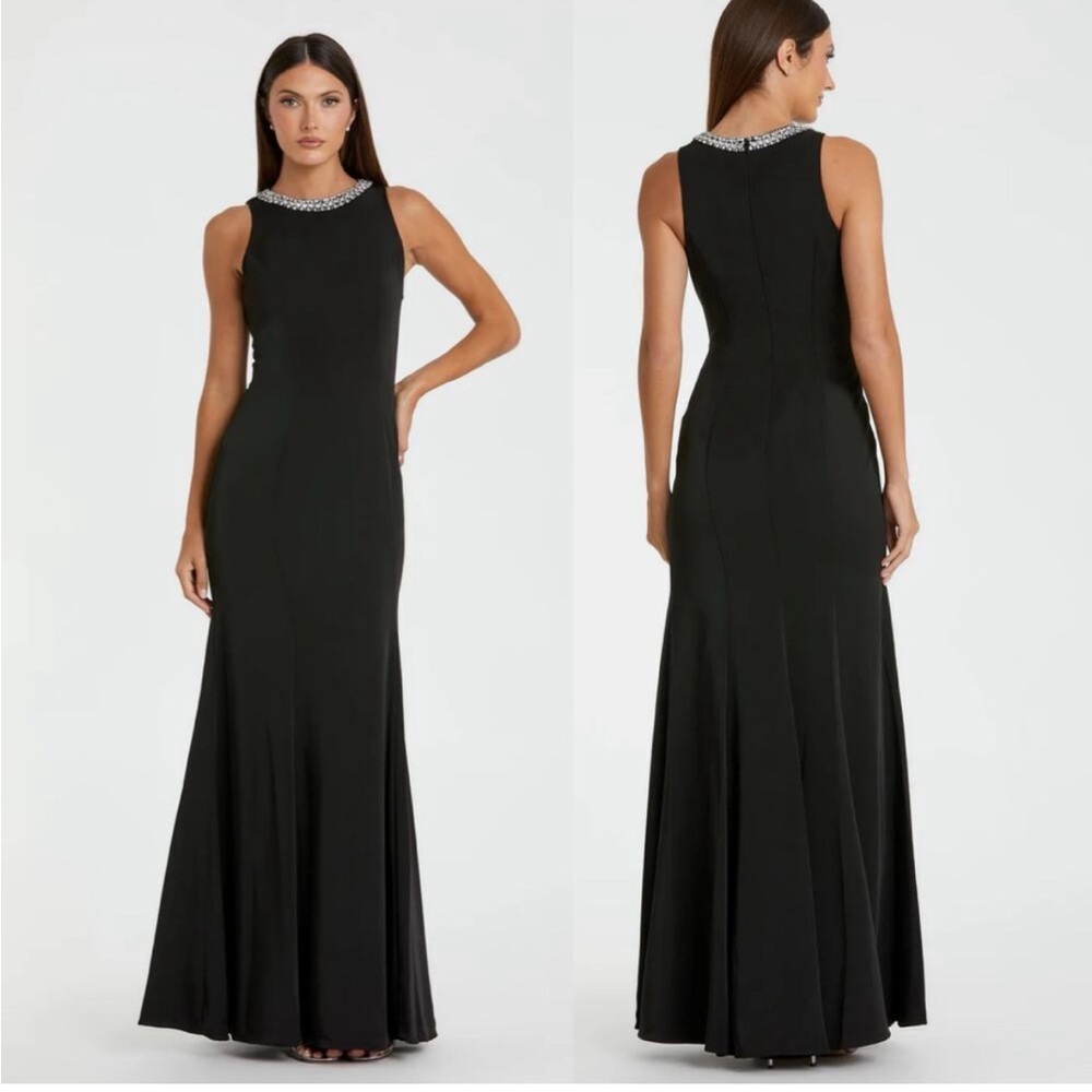 Ieena for MacDuggal black embellished neckline trumpet style dress